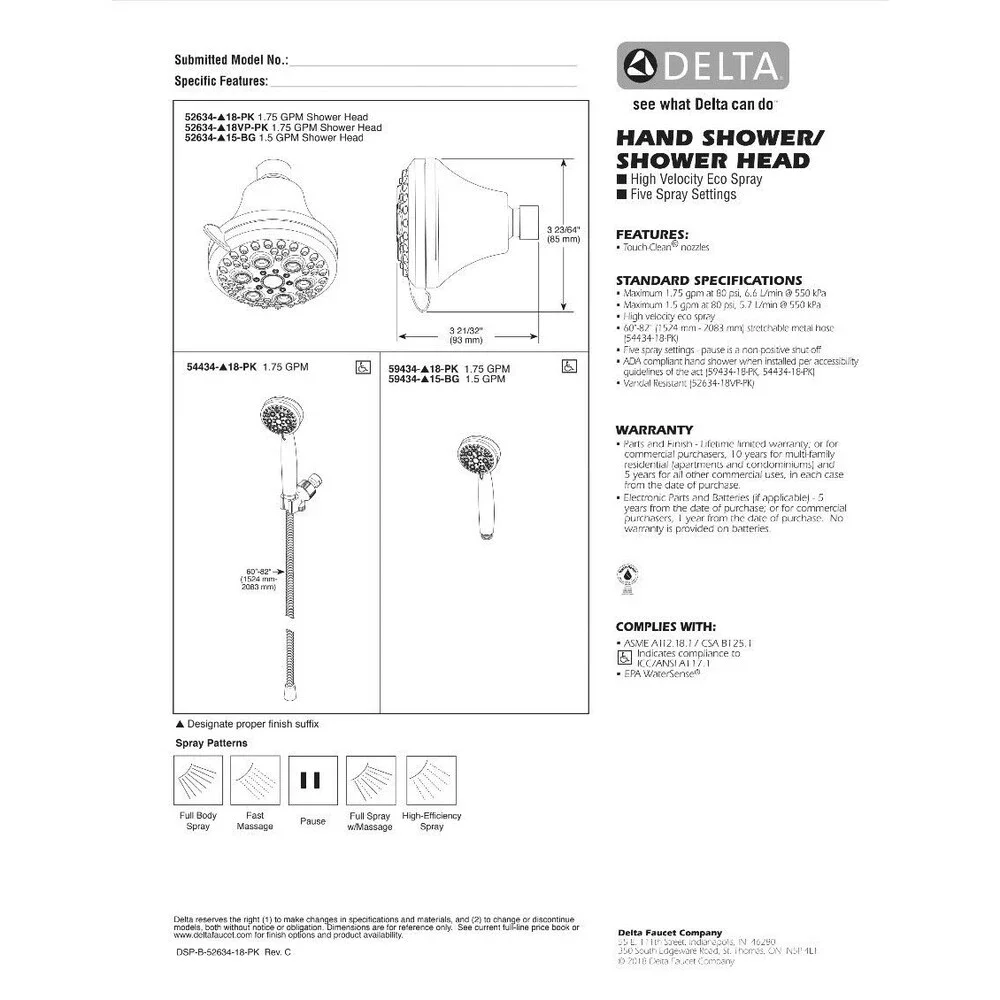 Delta5-Spray Wall Mount Handheld Shower Head 1.75 GPM in Chrome - 54434-18-PK